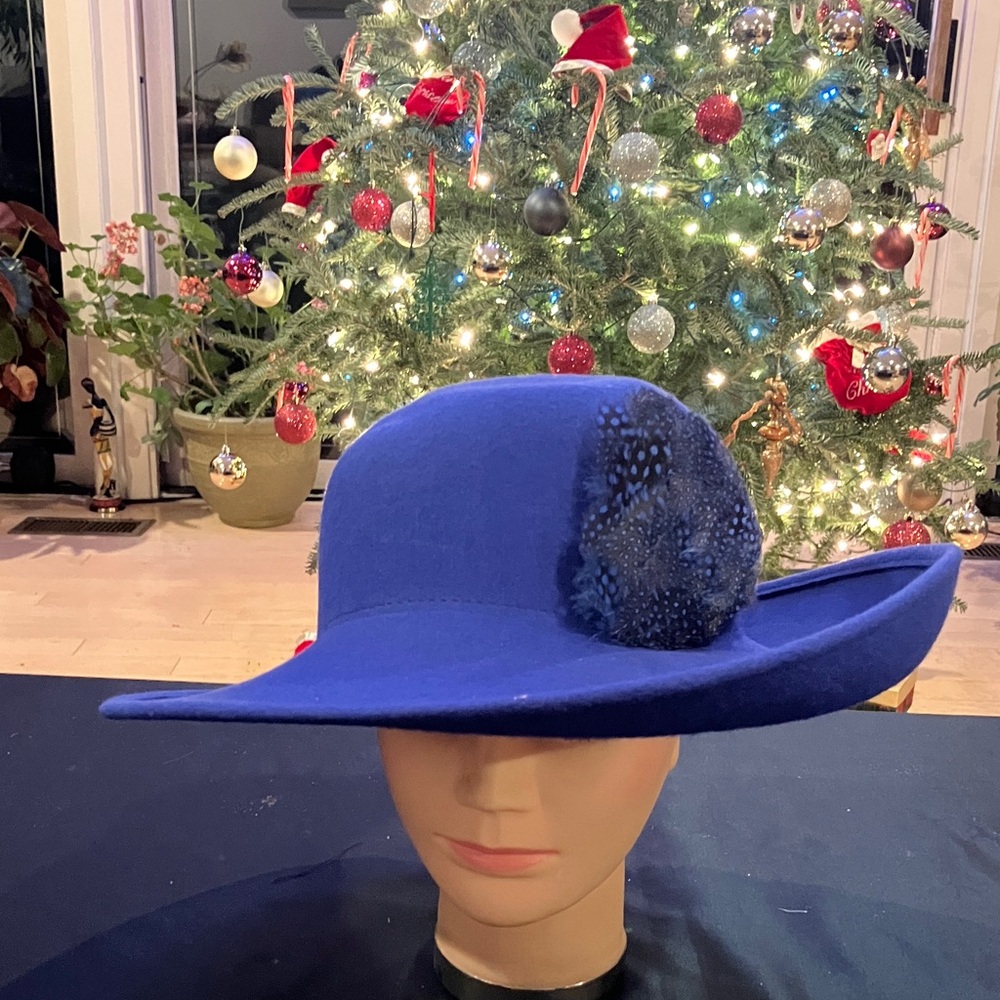 Elegant Royal Blue Wool Women's Hat with Feather Accent